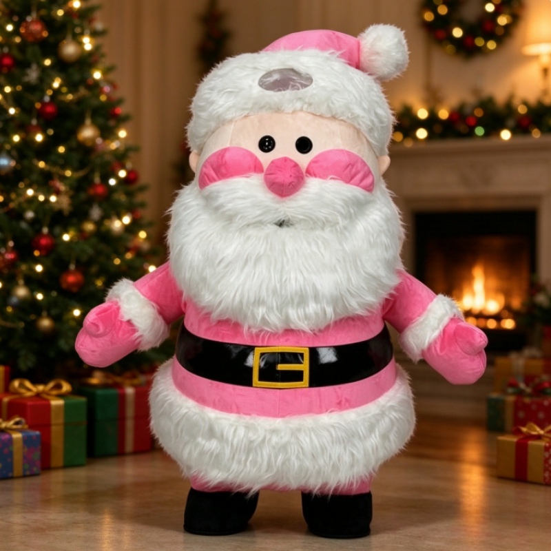Costumes - ピンク色のサンタクロースの着ぐるみ。大人用、全身を覆うぬいぐるみ素材のコスチューム。クリスマスパーティーやイベントでのコスプレに最適。